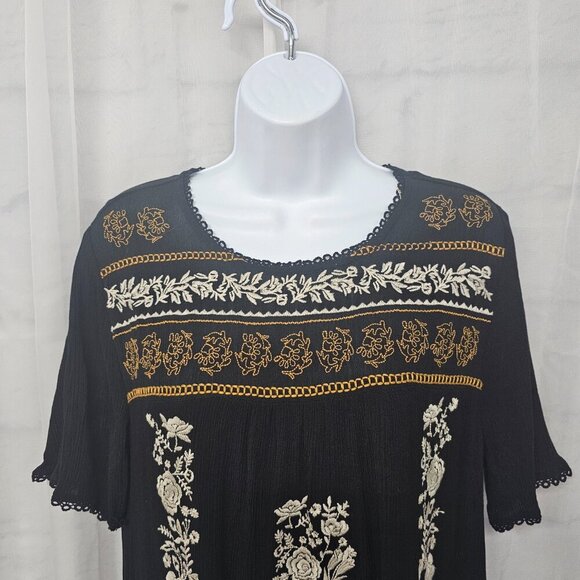 Knox Rose Black Embroidered Shift Dress Floral Boho Retro Festival M - Picture 2 of 13
